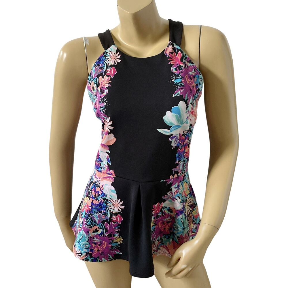 Nicole Miller Womens Medium Black Floral Peplum Sleeveless Racerback Top